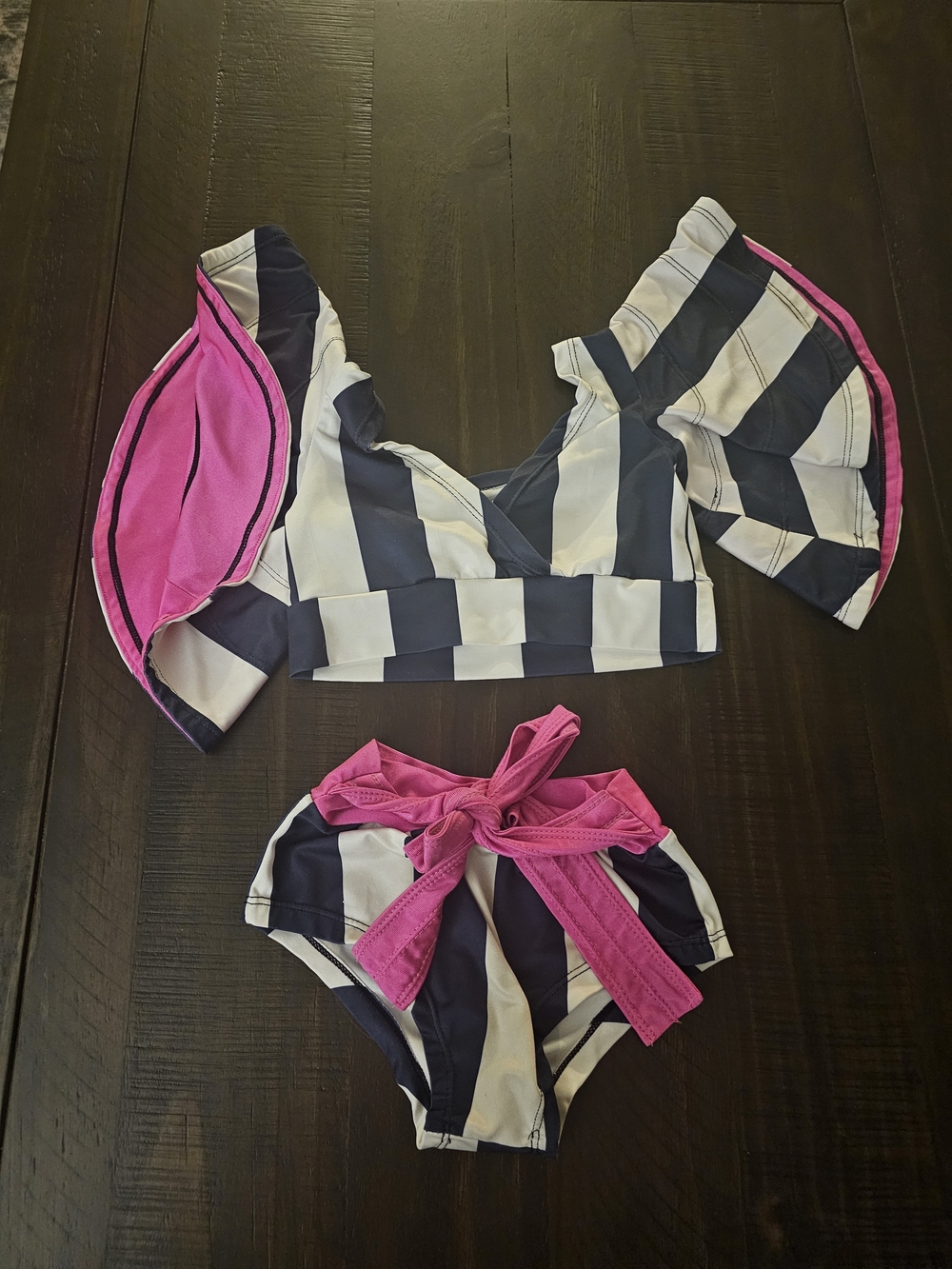 Kids Navy & White Stripe 2 Piece Bathing Suit Set with Pink Accents